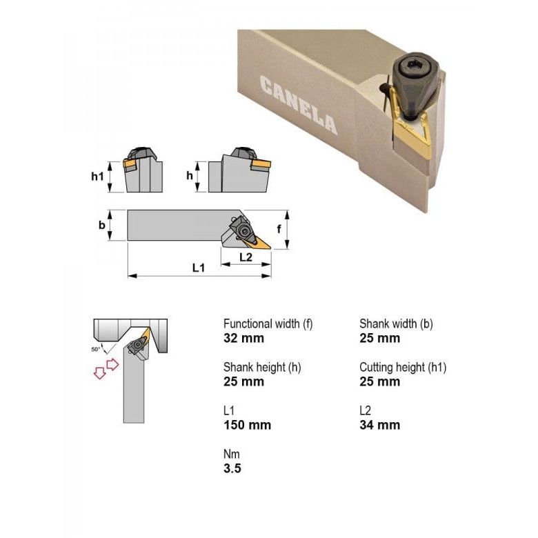 CANELA S.A. TOOL HOLDERS Canela DVJNL2525M16-N Turning & Profiling Toolholder – 25×25 mm