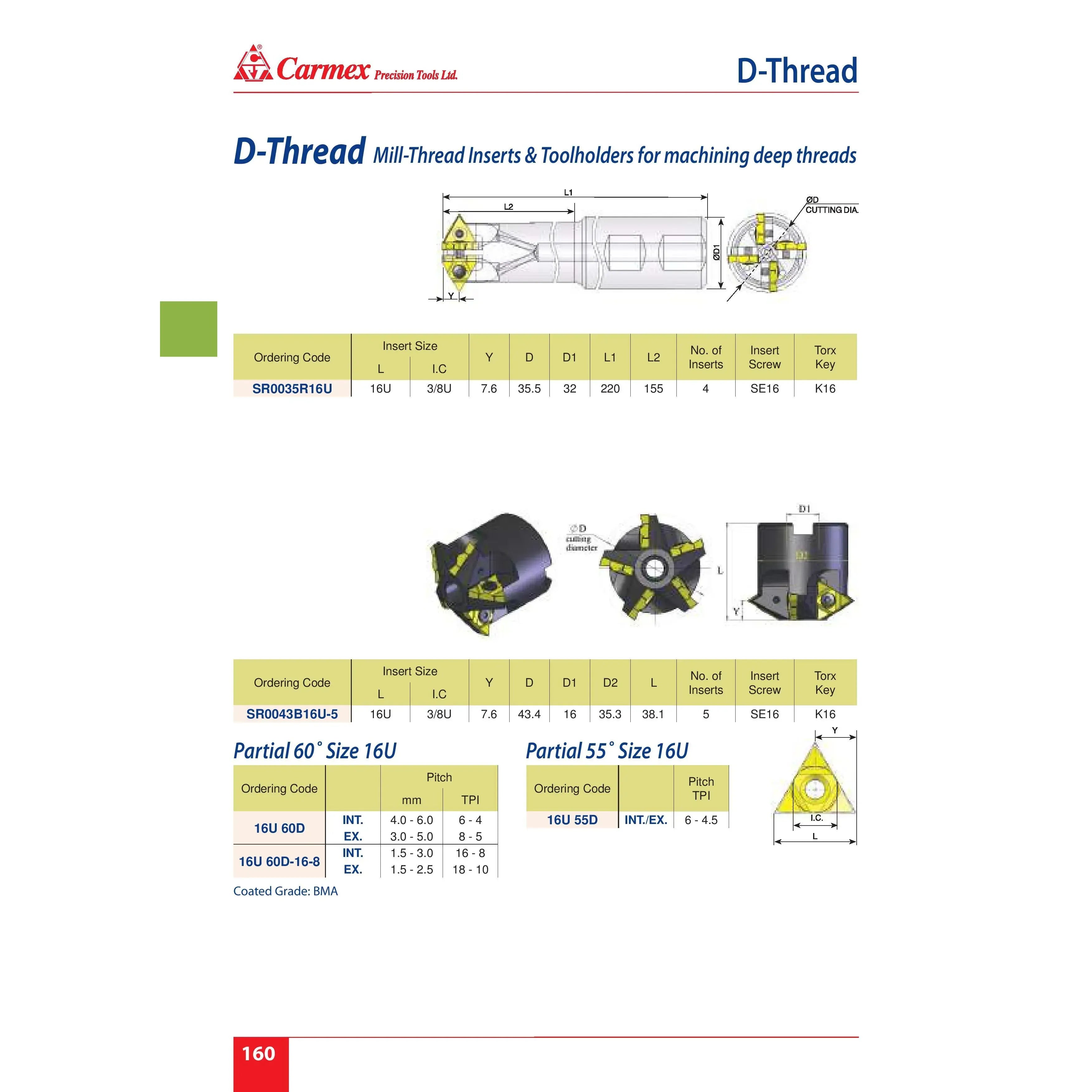 CARMEX Carbide Mill Thread Carmex D-Thread Milling Insert Size 16U – Int. 4–6mm / Ext. 3–5mm / 16U 60D BMA