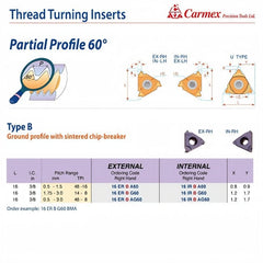 Carmex External Right Hand Partial Profile 60° Type B Thread Turning Insert 16mm / 48–8 TPI / 16 ER B AG60 BMA - Twin Eagle Imports