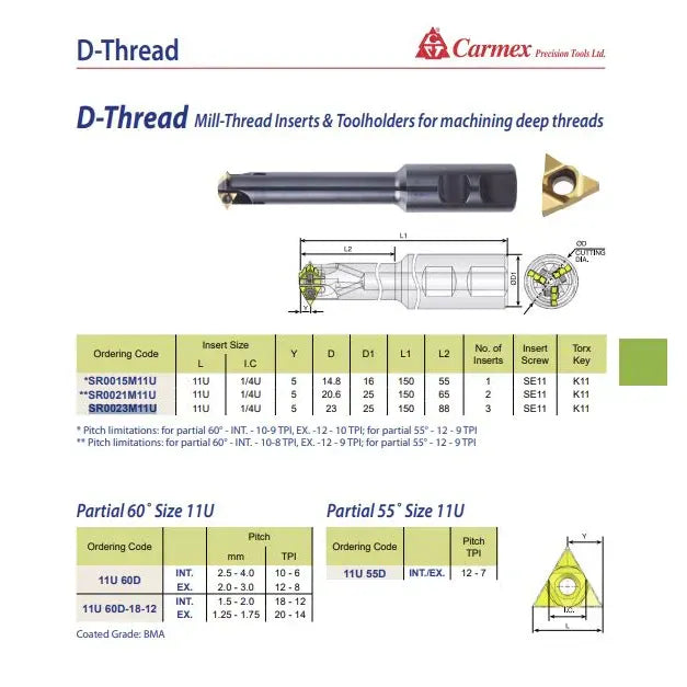 CARMEX Manufacturing Carmex D-Thread Insert Toolholder 23mm Cut / SR0023M11U