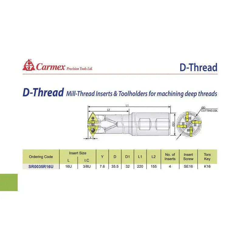 CARMEX Manufacturing Carmex D-Thread Insert Toolholder 35.5mm Cut / SR0035R16U