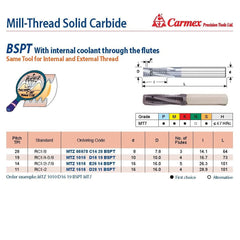 Carmex Mill Thread Solid Carbide 14 BSPT with internal coolant through flutes 26.3mm depth - Twin Eagle Imports