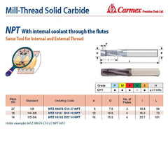 Carmex Mill Thread Solid Carbide 14 NPT with internal coolant through flutes 22.7mm depth - Twin Eagle Imports