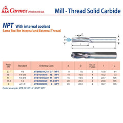 Carmex Mill Thread Solid Carbide 18 NPT with internal coolant bore 16.2mm depth - Twin Eagle Imports
