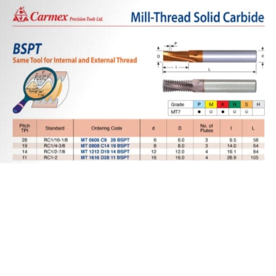 CARMEX PRECISION TOOLS LTD Carbide Mill Thread Carmex Mill Thread Solid Carbide 11 BSPT/ 28.9mm depth