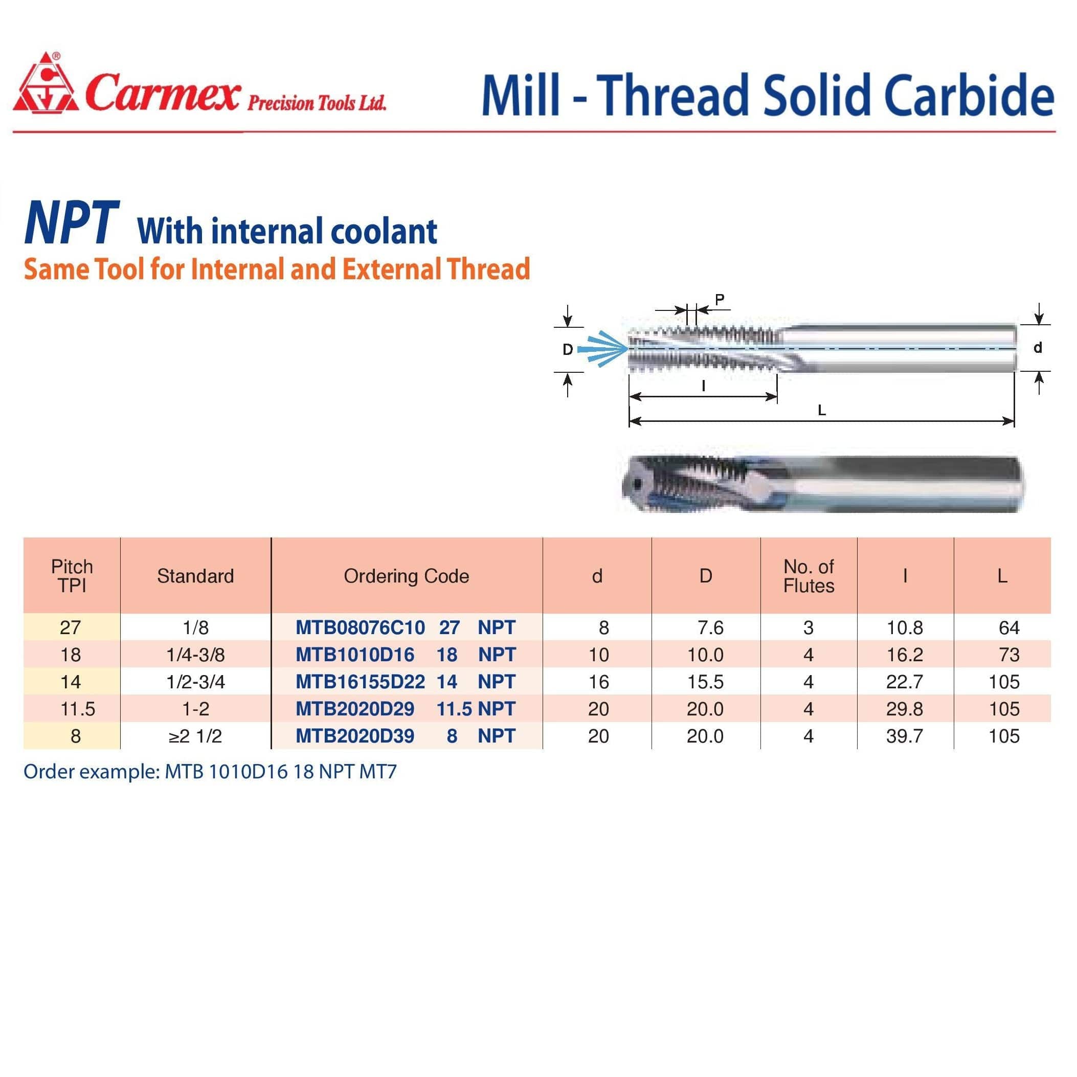 CARMEX PRECISION TOOLS LTD Carbide Mill Thread Carmex Mill Thread Solid Carbide 14 NPT with internal coolant bore 22.7mm depth