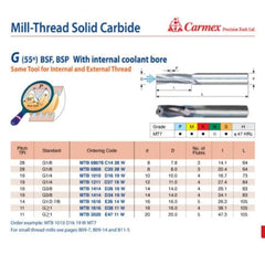 CARMEX PRECISION TOOLS LTD Carbide Mill Thread Carmex Mill Thread Solid Carbide G 55° with internal coolant bore 19 W / 16.7mm depth