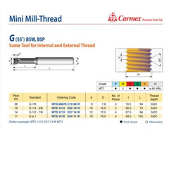 CARMEX PRECISION TOOLS LTD Carbide Mini Mill Thread Carmex Mini Mill Thread Solid Carbide 14 W/ 37mm depth