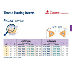 CARMEX PRECISION TOOLS LTD External and Internal Threadmill Insert Carmex External Right Hand Round Thread Turning Insert 8 TPI/ 16 ER 8 RD MXC