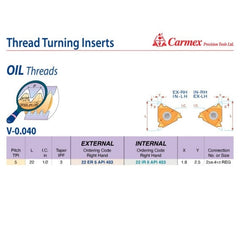 CARMEX PRECISION TOOLS LTD External and Internal Threadmill Insert Carmex External Right Hand V-0.040 Oil Thread Turning Insert 5 TPI / 22 ER 5 API 403 BLU
