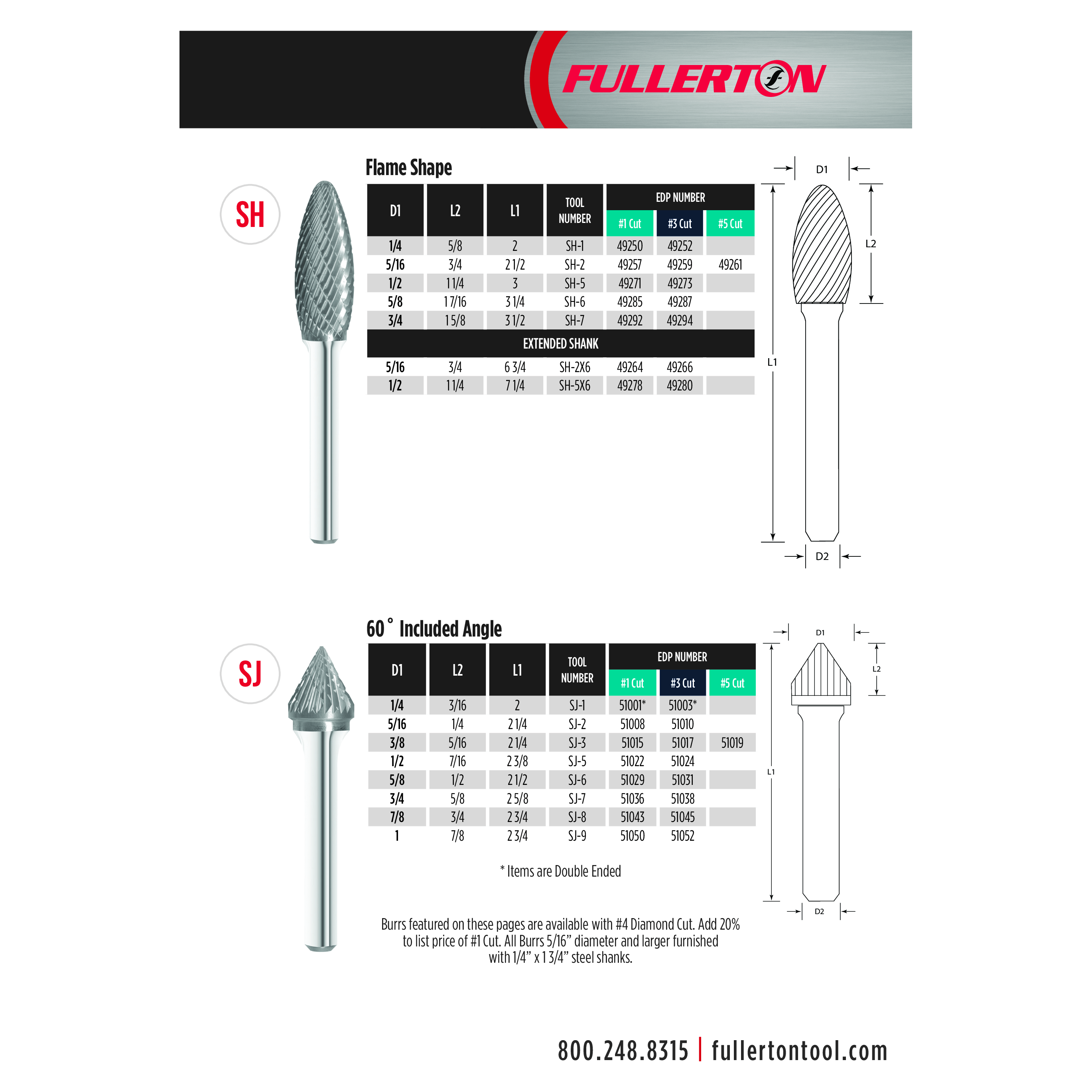 Fullerton - SH5 1/2" Flame Shape Series Extended Shank Carbide Burr