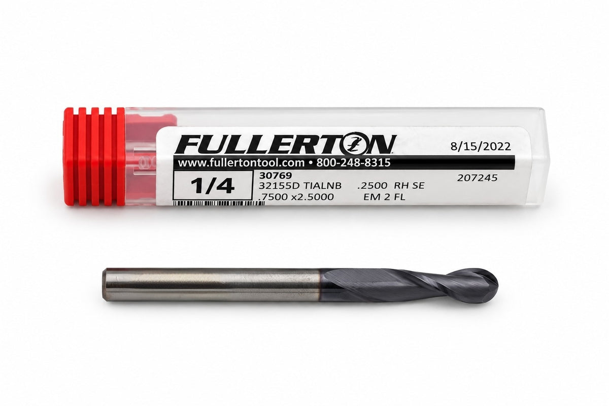 Fullerton 1/4" 2 Flute TiAlN Coated Carbide Ball Nose Endmill - 3215 Series