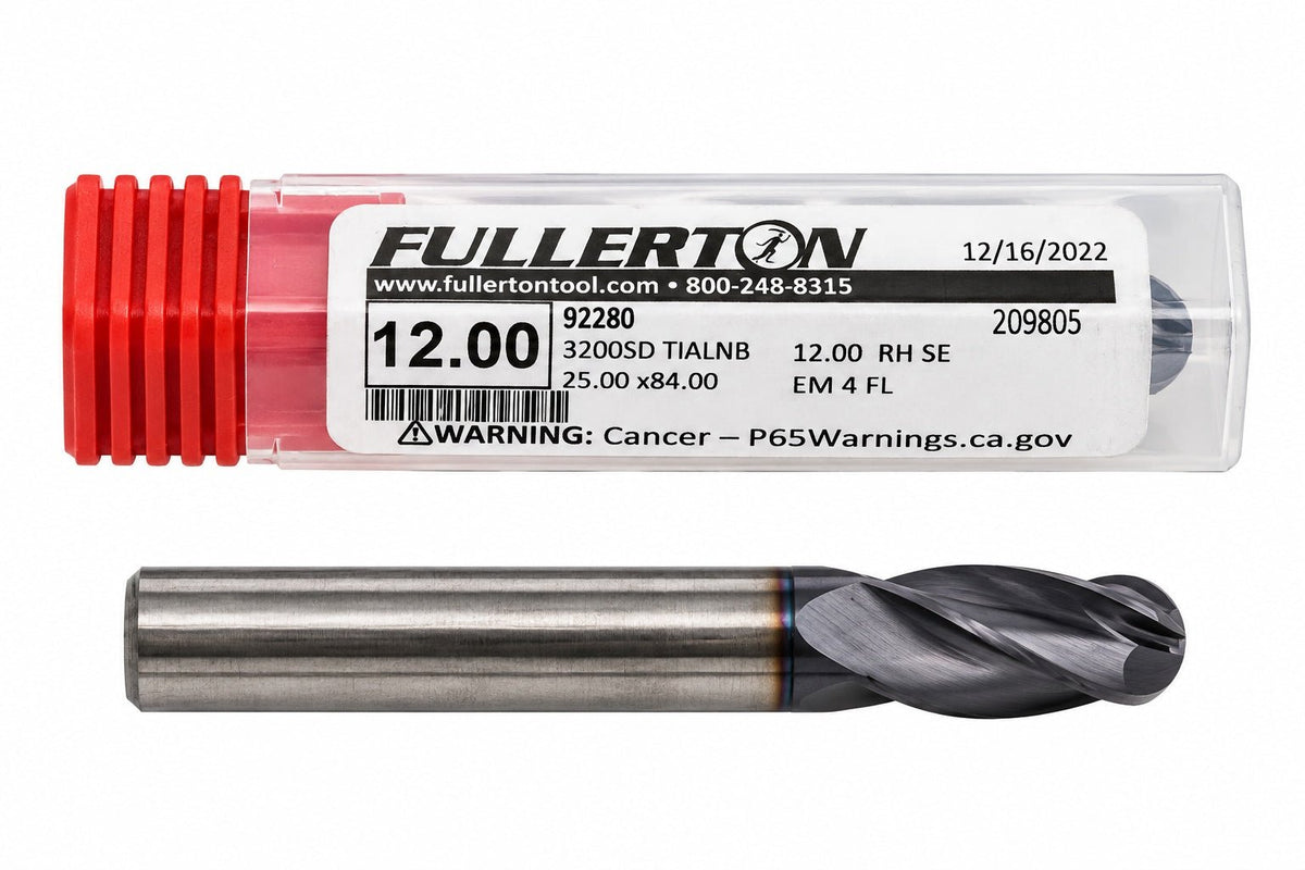 Fullerton 12.0mm 4 Flute TiAlN Coated Carbide Ball Nose Endmill - 3200 Series - Twin Eagle Imports