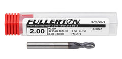 Fullerton 2.0mm 2 Flute TiAlN Coated Carbide Ball Nose Endmill - 3215 Series - Twin Eagle Imports