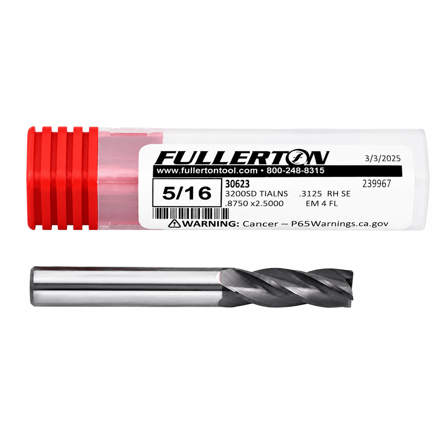 Fullerton 30623 5/16 Inch 4 Flute TiAlN Coated Carbide Square End Mill - Twin Eagle Imports