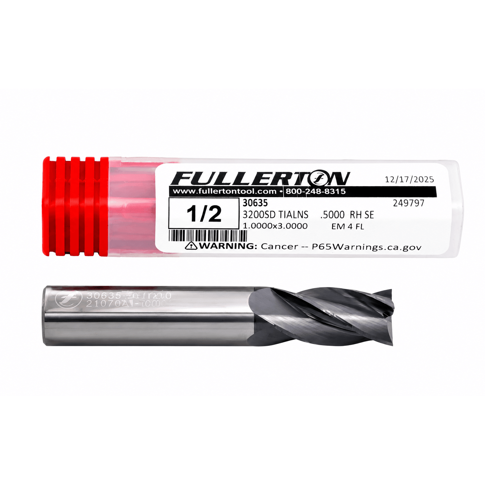 Fullerton 30635 1/2 Inch 4 Flute TiAlN Coated Carbide Square End Mill - Twin Eagle Imports