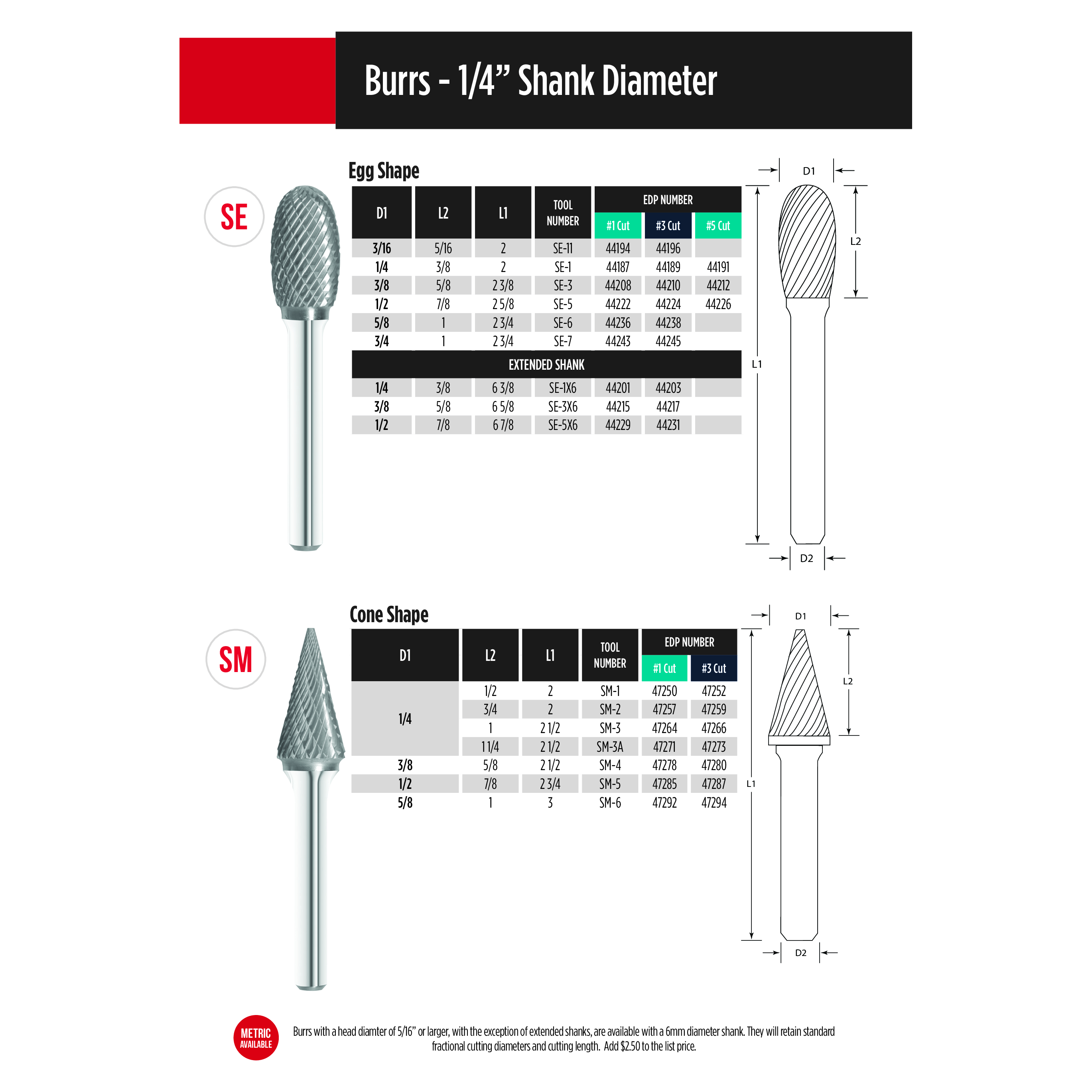 Fullerton CARBIDE BURRS Fullerton - SE5 1/2" Egg Shape Series Extended Shank Carbide Burr