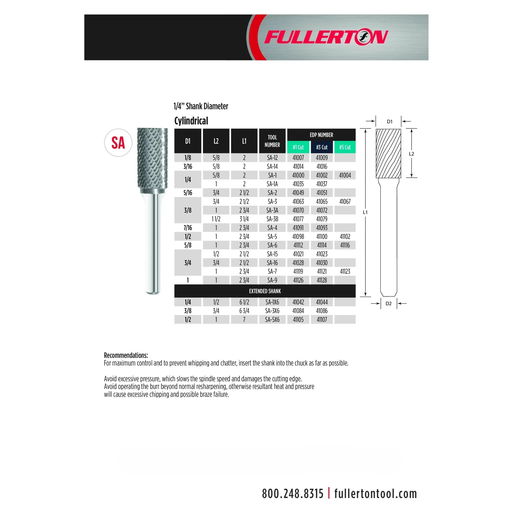 Fullerton SA3 – 3/8" Double Cut Carbide Burr (Cylinder Shape, Non End Cutting) - Twin Eagle Imports