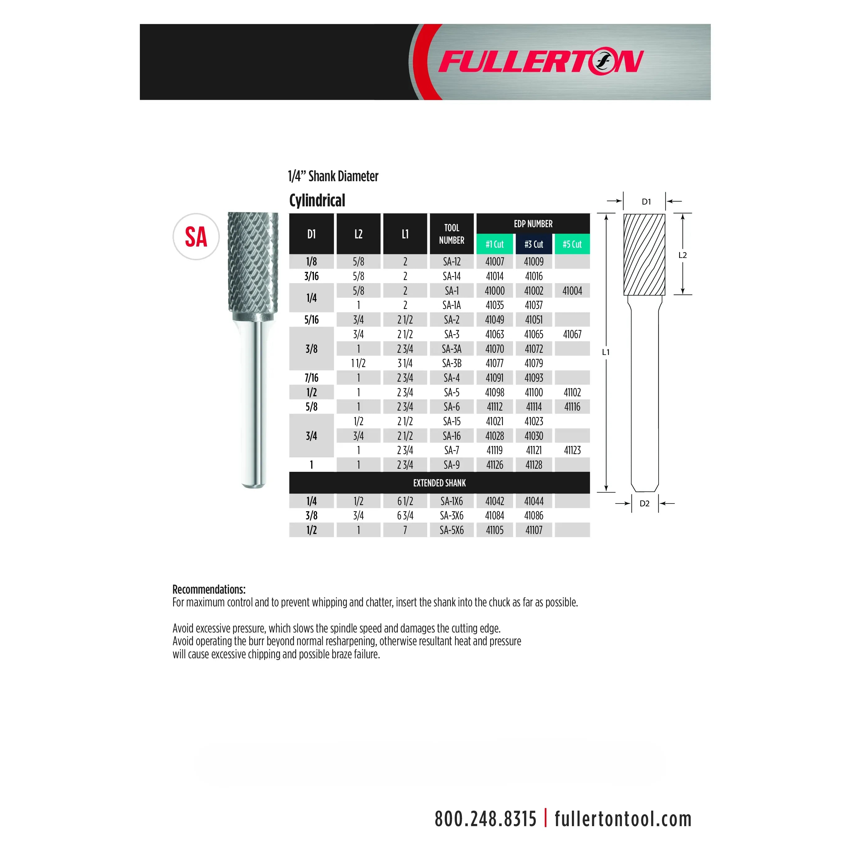 FULLERTON TOOL COMPANY CARBIDE BURRS Fullerton SA3 – 3/8" Double Cut Carbide Burr (Cylinder Shape, Non End Cutting)
