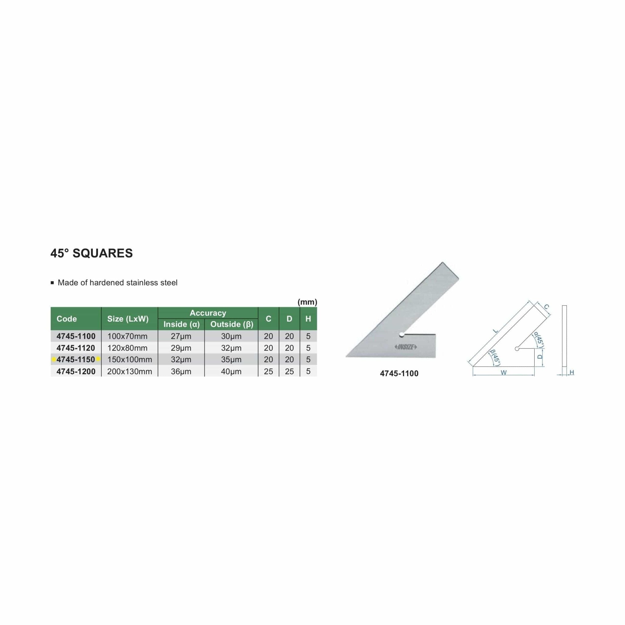 Insize 45° Square Range Series 150x100mm Series 4745-1150 - Twin Eagle Imports