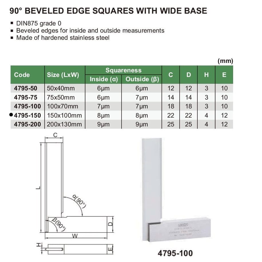 Insize 90° Bevelled Edge Square 150x100mm Range Series 4795-150 - Twin Eagle Imports