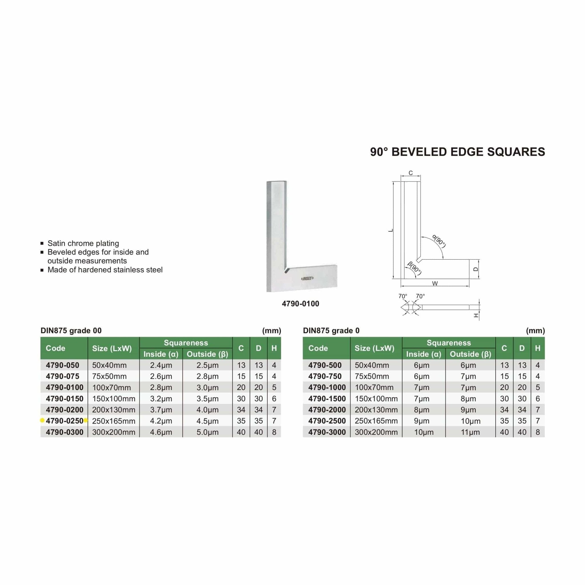 Insize 90° Bevelled Edge Square 250x165mm Range Series 4790-0250 - Twin Eagle Imports