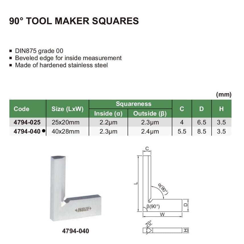 Insize 90° Toolmakers Square 40x28mm Range Series 4794-040 - Twin Eagle Imports