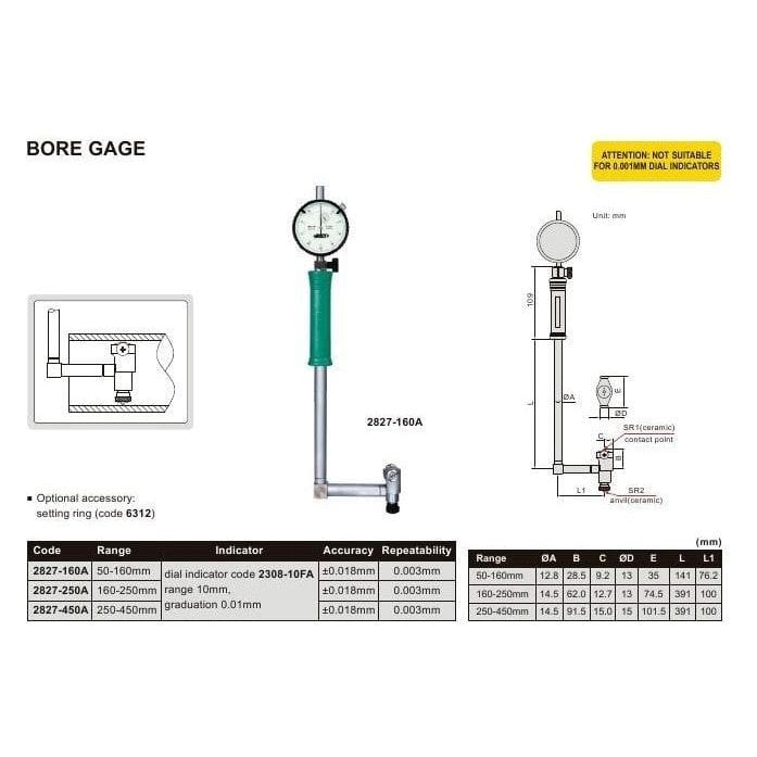 Insize Angle Mechanical Bore Gauge 250-450 mm Range Series 2827-450A - Twin Eagle Imports