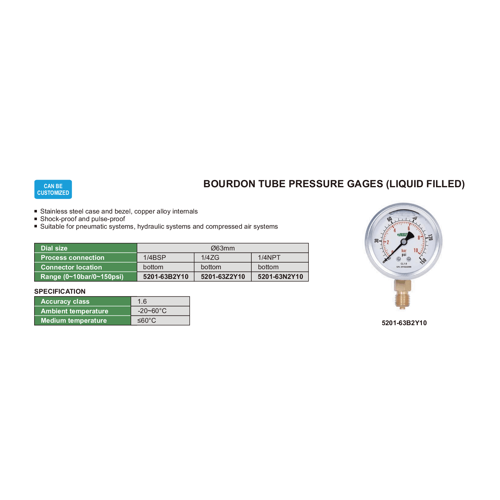 Insize Bourdon Tube Pressure Gauge 1/4BSP 0–10 Bar Series 5201-63B2Y10 - Twin Eagle Imports