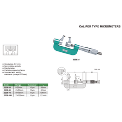 Insize Caliper Type Micrometer 50–75mm Series 3238-75 - Twin Eagle Imports
