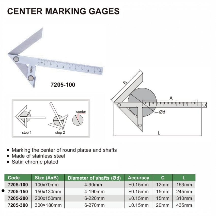 Insize Center Marking Gauge 150x130mm Range Series 7205-150 - Twin Eagle Imports