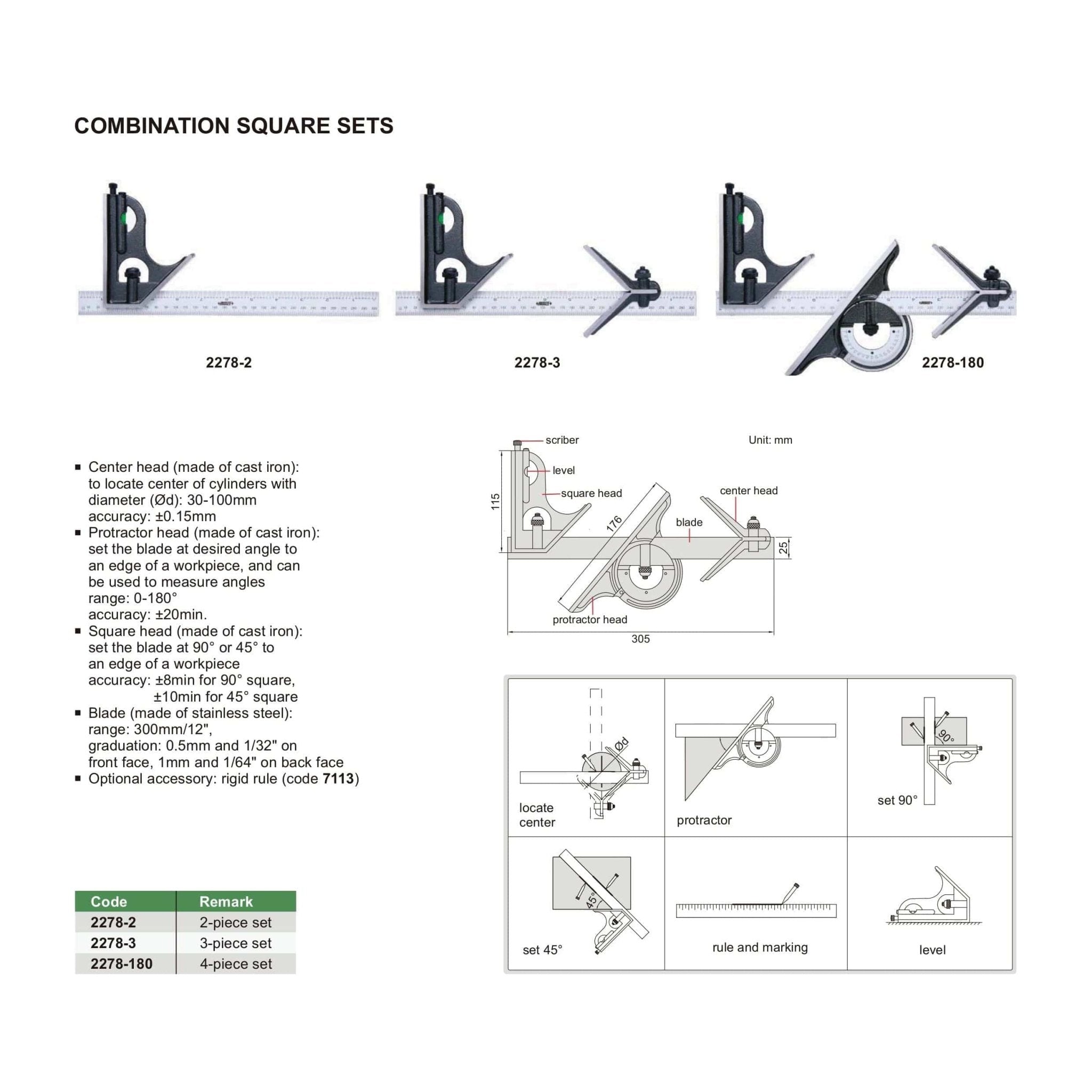 Insize Combination Square Set Layout Solution 2278-3 - Twin Eagle Imports