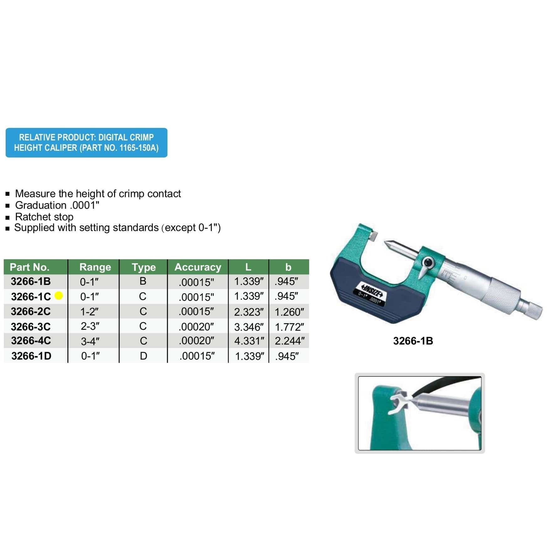 Insize Crimp Height Micrometer 0-1" Range Series 3266-1C - Twin Eagle Imports