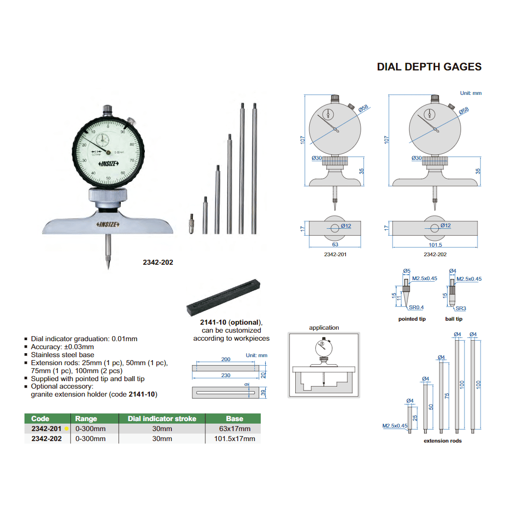 Insize Dial Depth Gauge 0-300mm x 0.01mm Range Series 2342-201 - Twin Eagle Imports