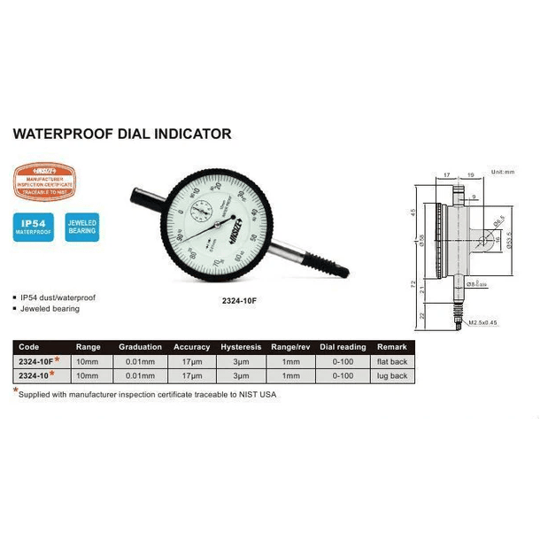 Insize Dial Indicator 10mm Range Series 2324-10 - Twin Eagle Imports