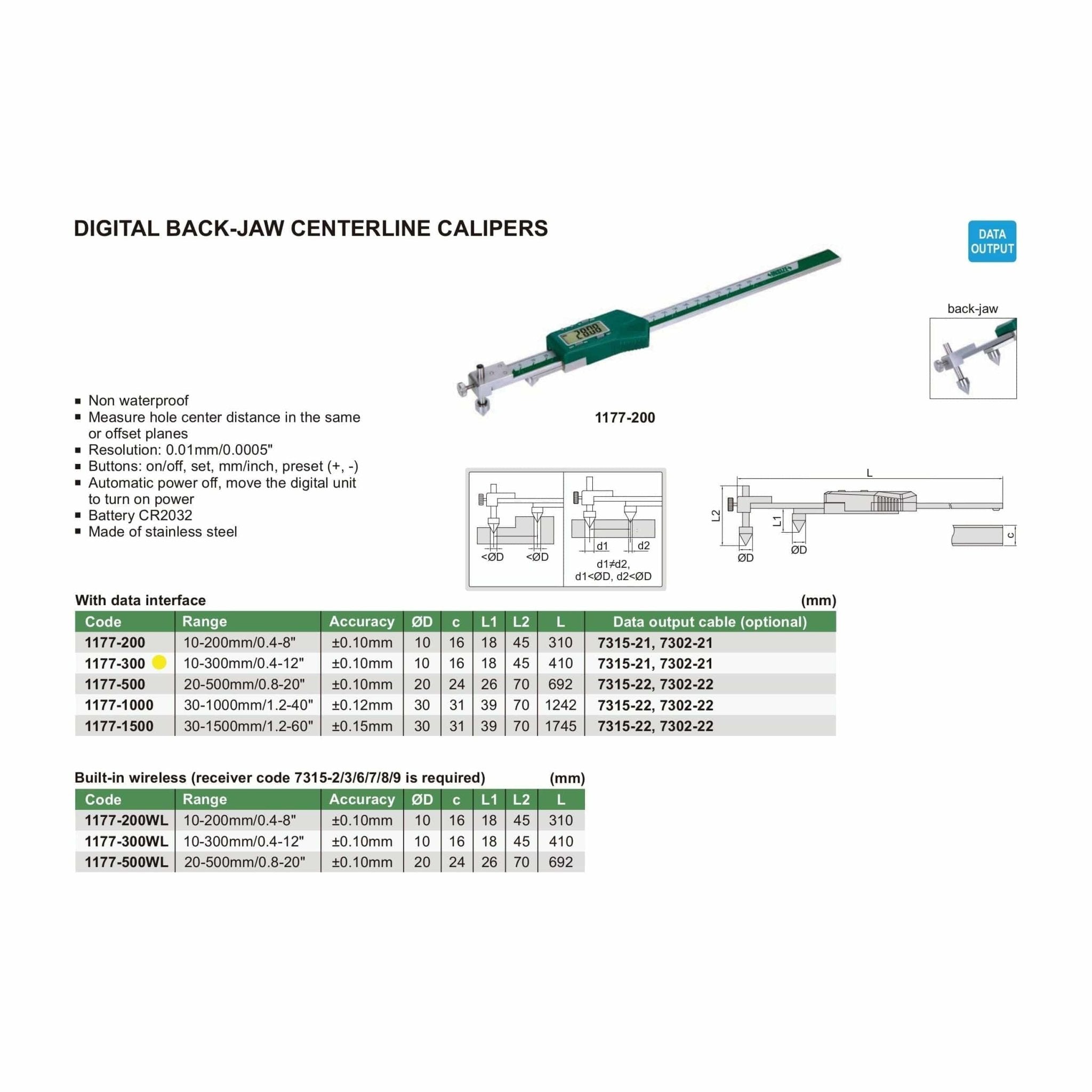 Insize Digital Back-Jaw Caliper 10-300mm/0.4-12" Range Series 1177-300 - Twin Eagle Imports