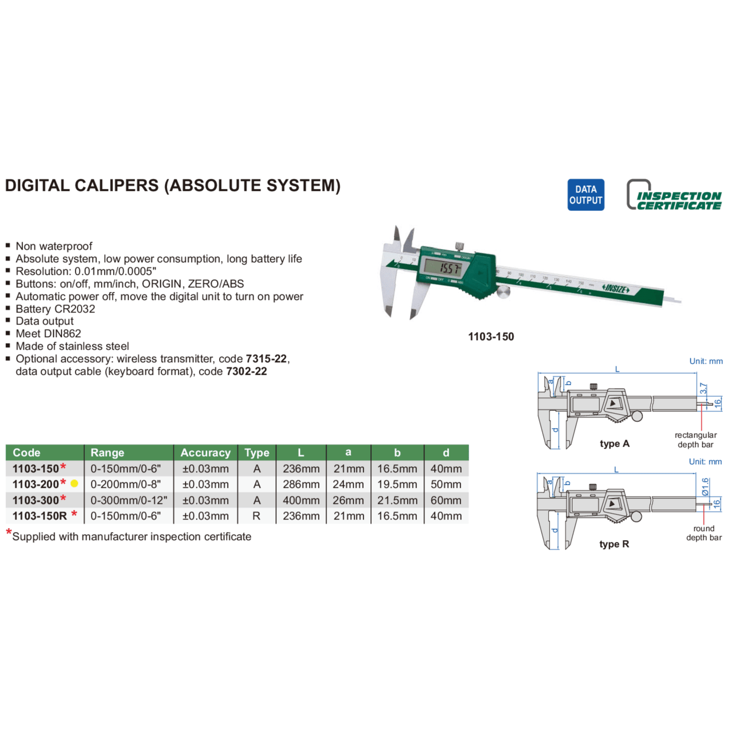 Insize Digital Caliper 0-200mm / 0-8" Range Series 1103-200 - Twin Eagle Imports