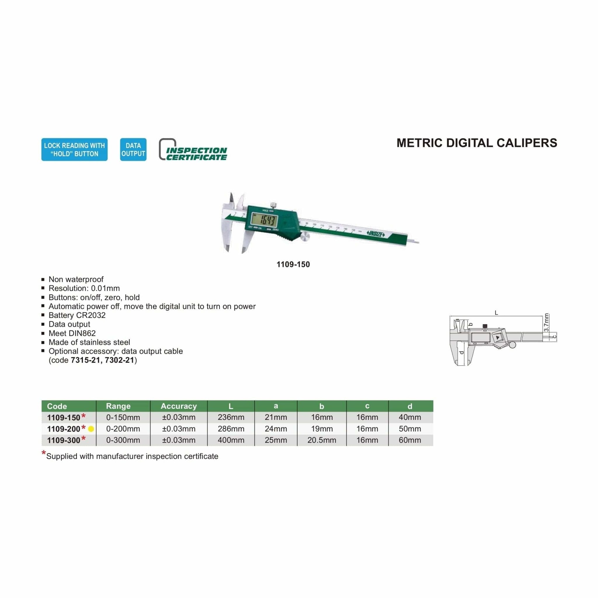 Insize Digital Caliper 0-200mm Range Series 1109-200 - Twin Eagle Imports
