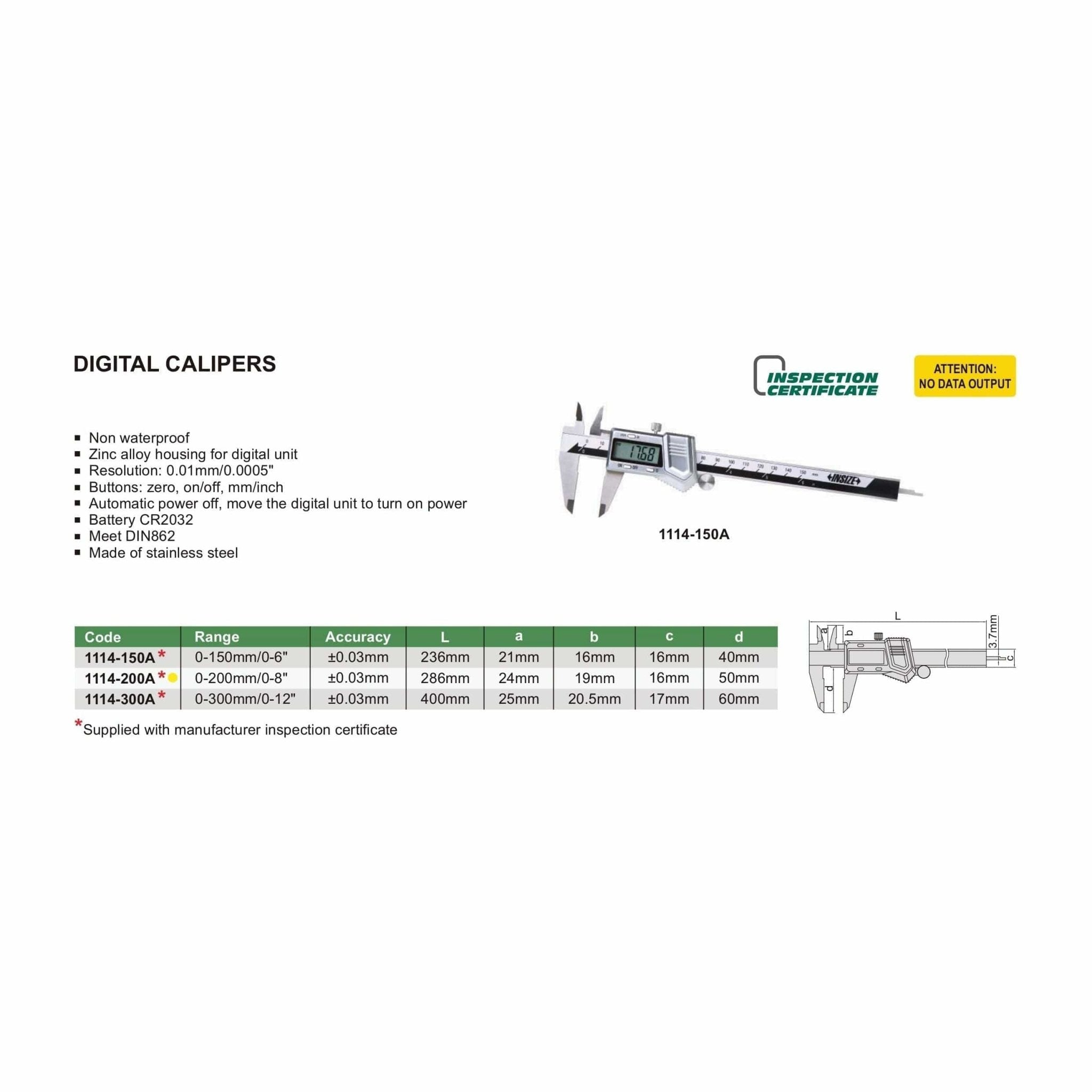 Insize Digital Caliper 0-200mm/0-8" Range Series 1114-200A - Twin Eagle Imports