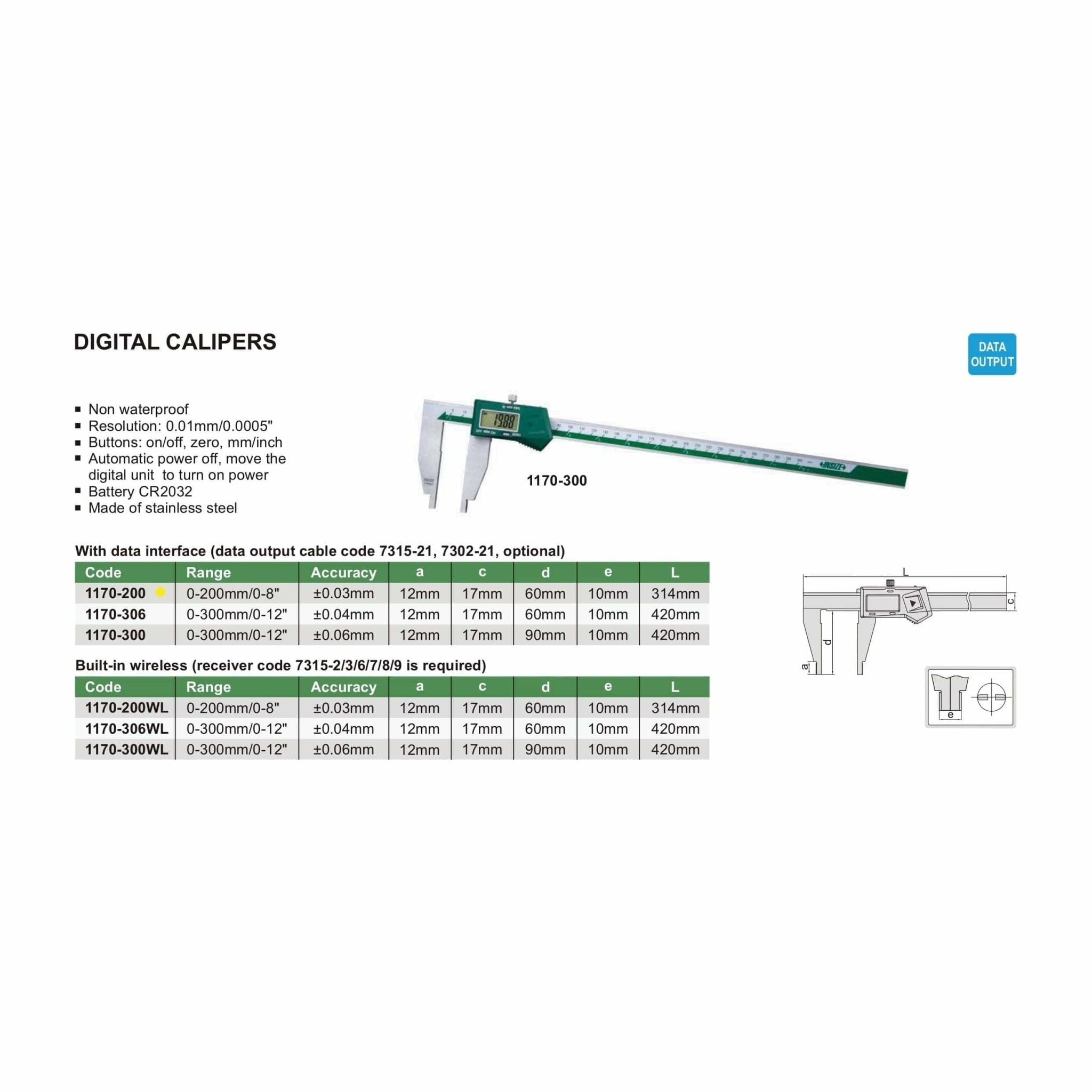 Insize Digital Caliper 0-200mm/0-8" Range Series 1170-200 - Twin Eagle Imports