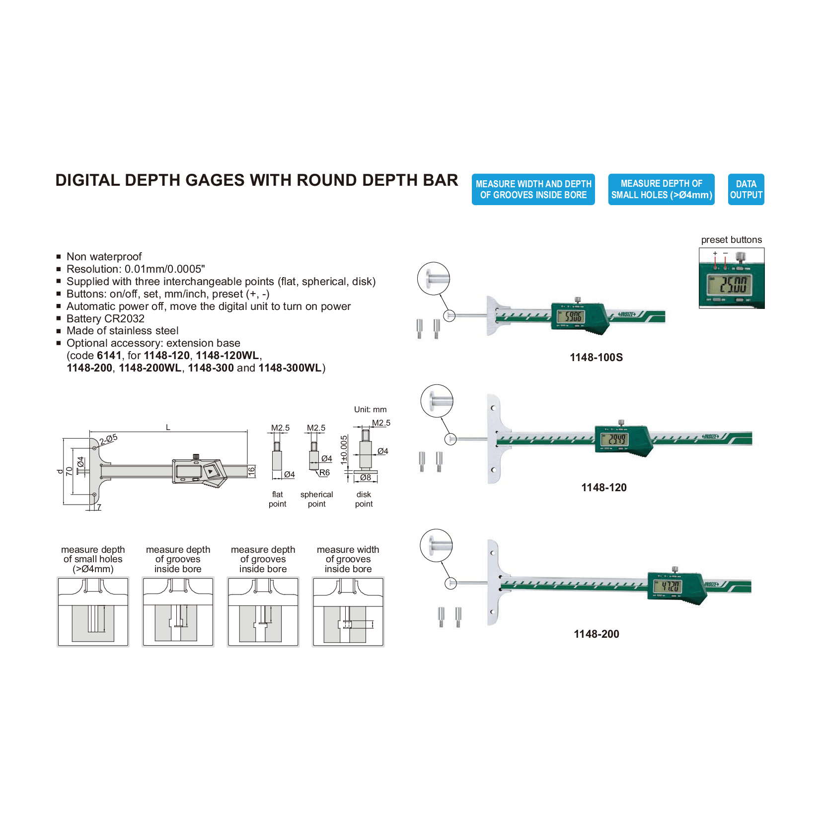Insize Digital Depth Gauge 0-100mm / 0-4" Range Series 1148-100 - Twin Eagle Imports