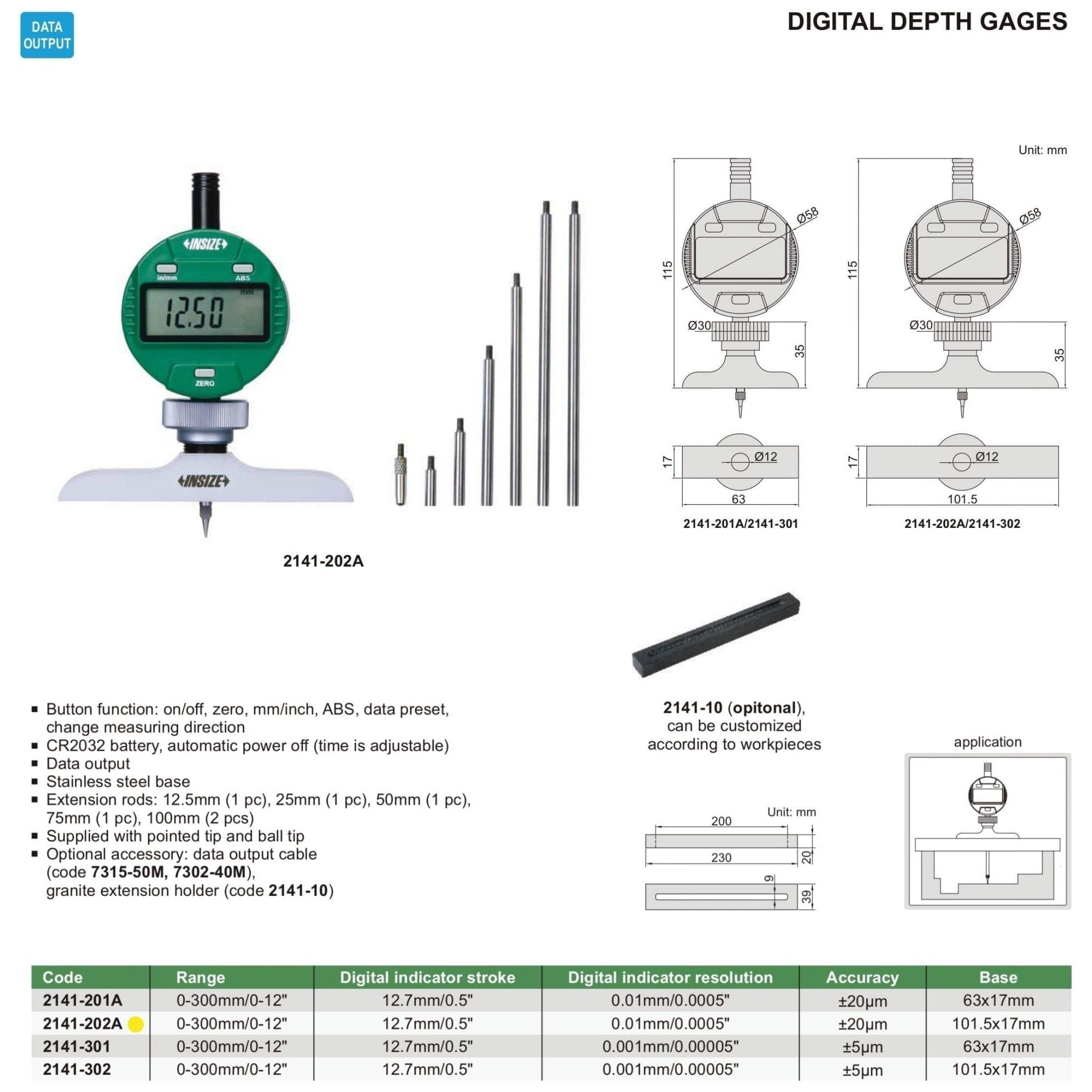 Insize Digital Depth Gauge 0-300mm/0-12" Range Series 2141-202A - Twin Eagle Imports