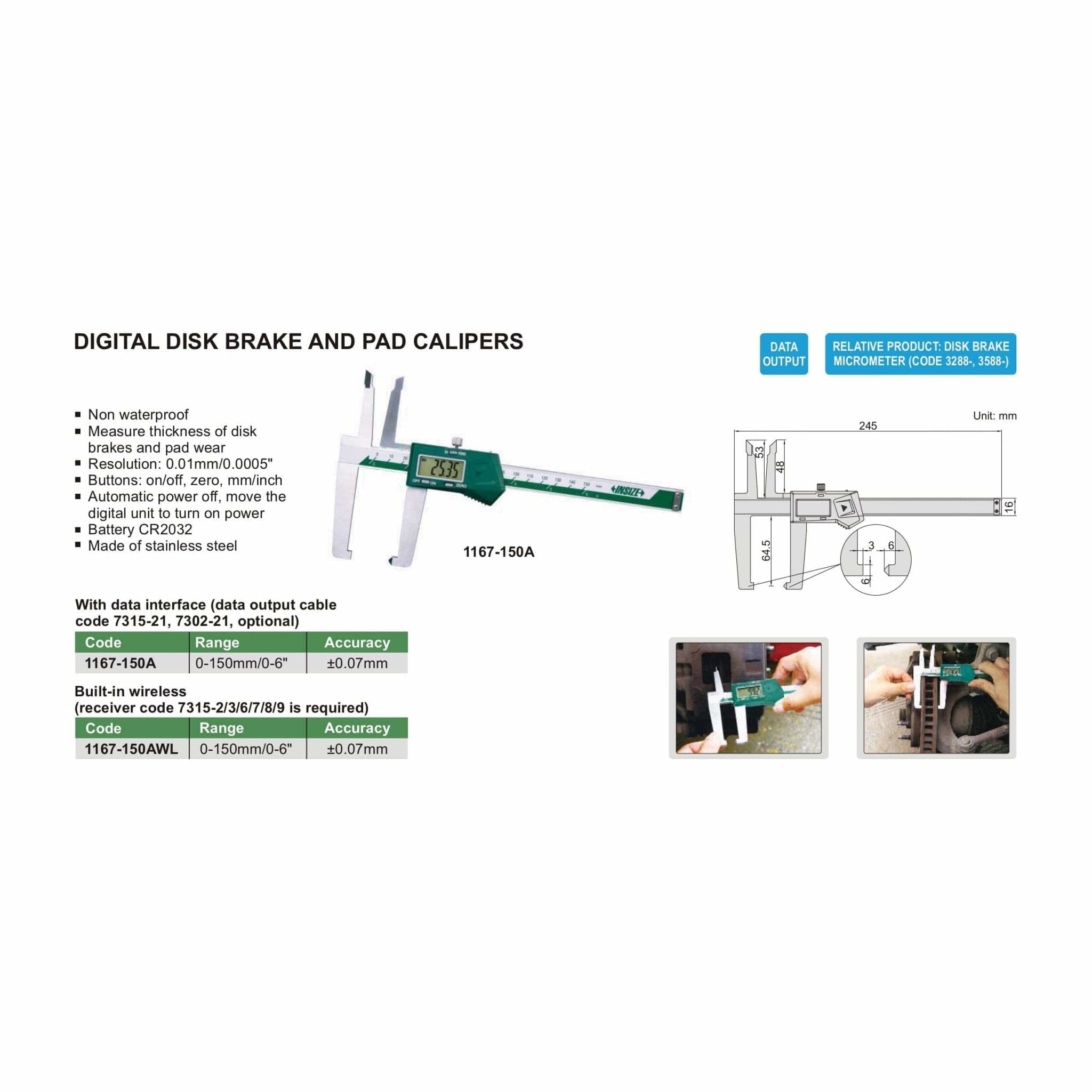 Insize Digital Disc Brake & Pad Caliper 0-150mm/0-6" Range Series 1167-150A - Twin Eagle Imports
