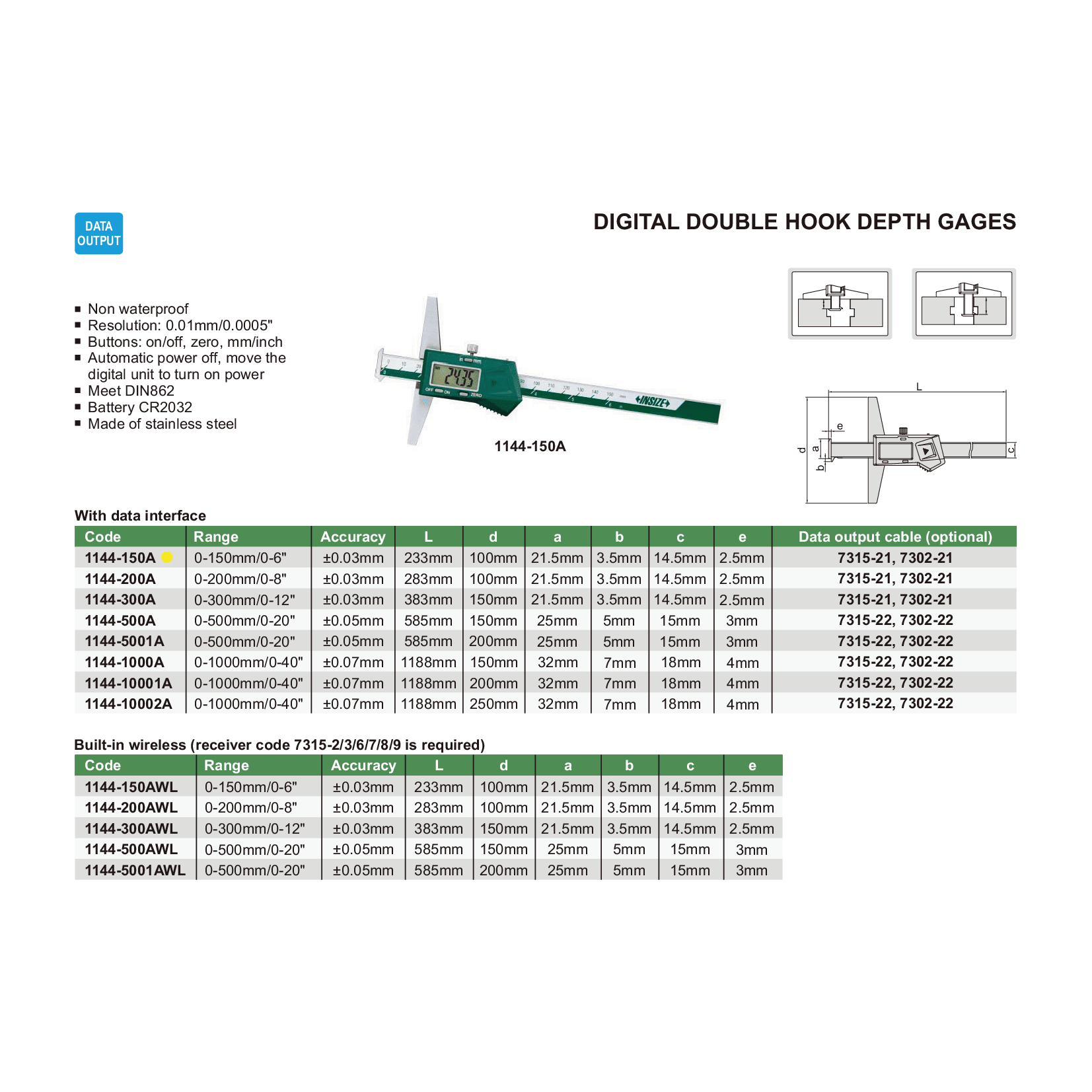 Insize Digital Double Hook Depth Gauge 0-150mm / 0-6" Range Series 1144-150A - Twin Eagle Imports