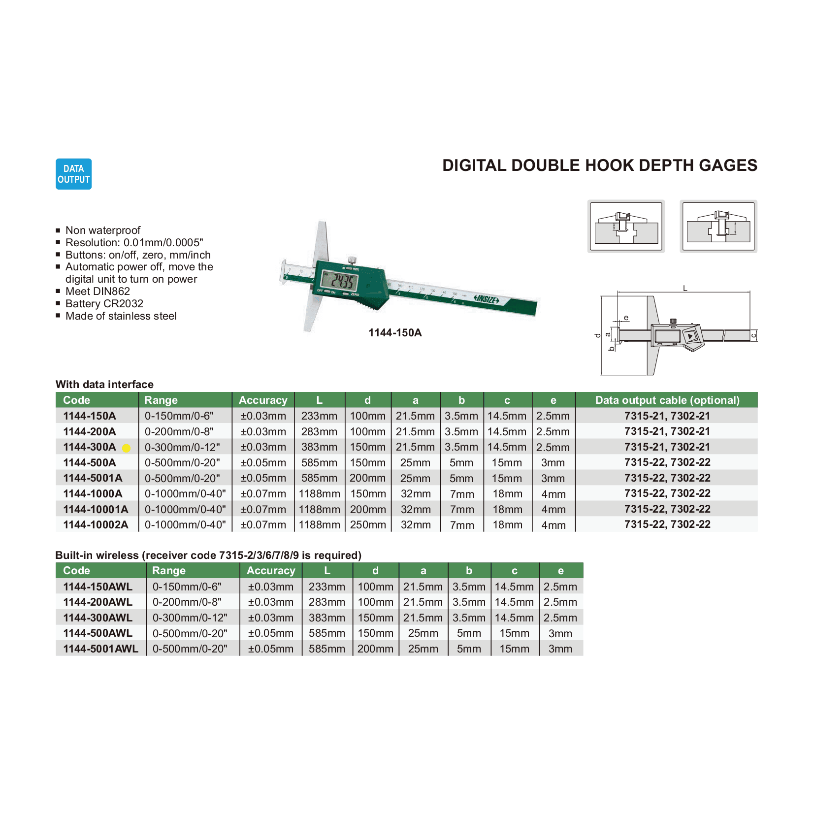 Insize Digital Double Hook Depth Gauge 0-300mm / 0-12" Range Series 1144-300A - Twin Eagle Imports