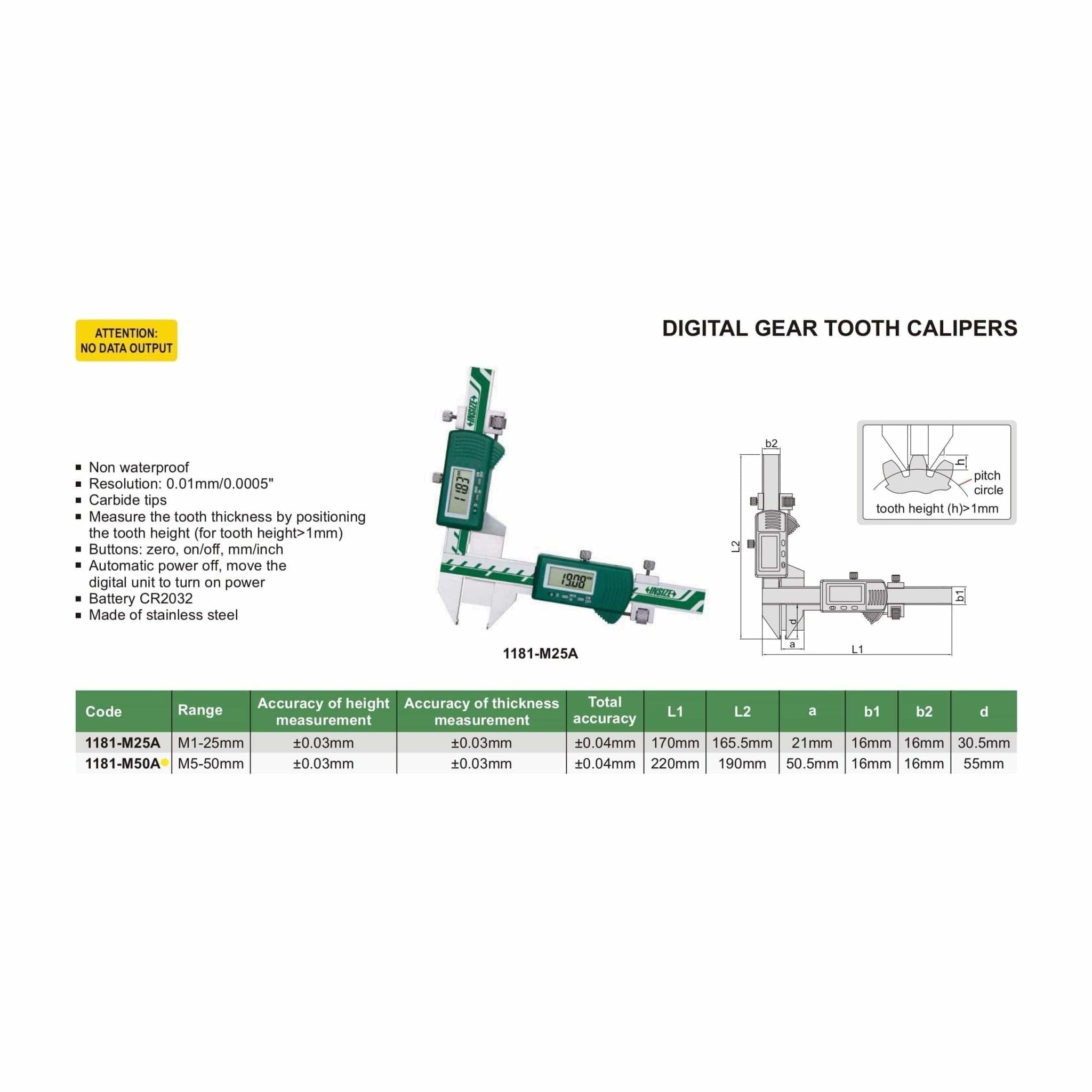 Insize Digital Gear Tooth Caliper 5-50mm x 0.01mm Range Series 1181-M50A - Twin Eagle Imports