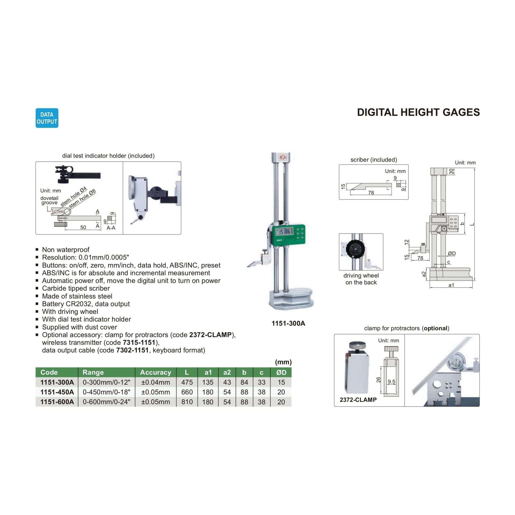 Insize Digital Height Gauge 0-300mm / 0-12" Range Series 1151-300 - Twin Eagle Imports