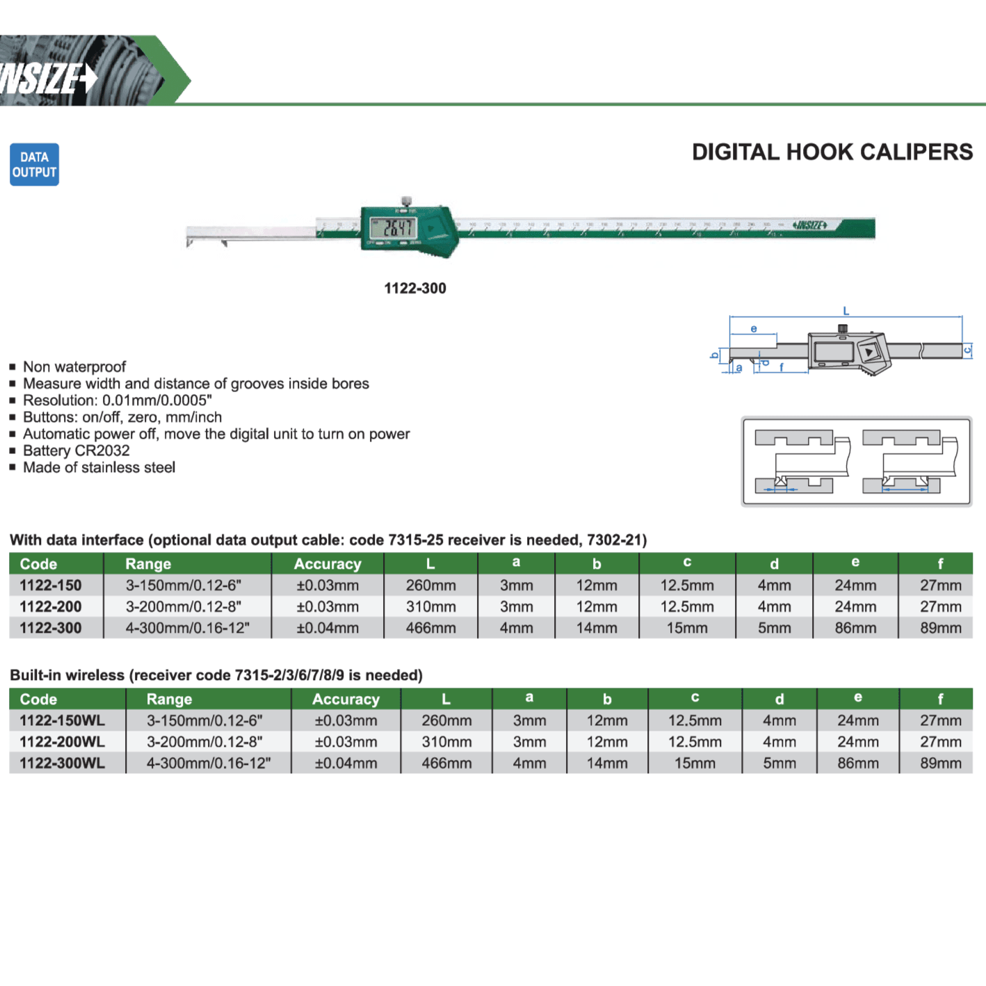 Insize Digital Hook Caliper 0.12-8" / 3–200mm Range Series 1122-200 - Twin Eagle Imports