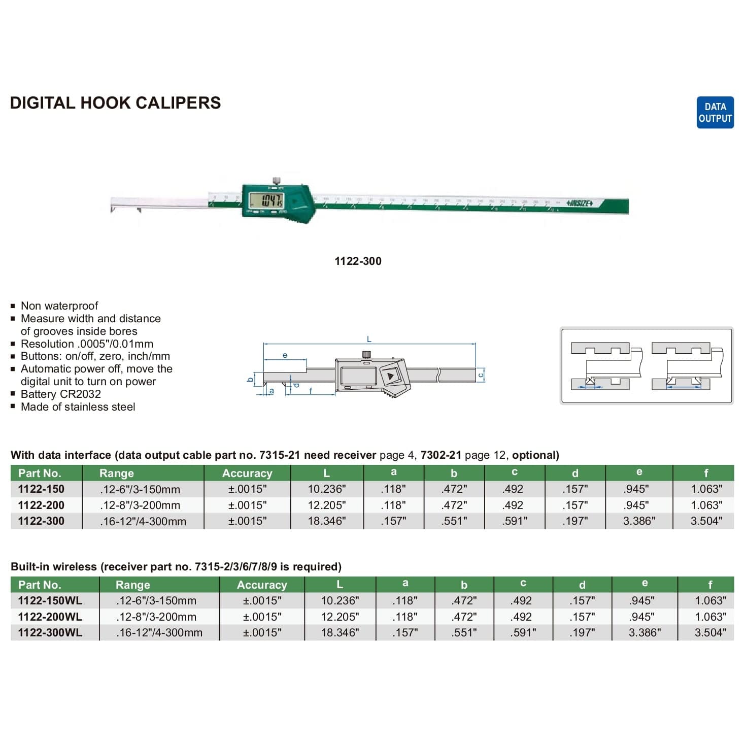 Insize Digital Hook Caliper 0.16-12" / 4-300mm Range Series 1122-300 - Twin Eagle Imports