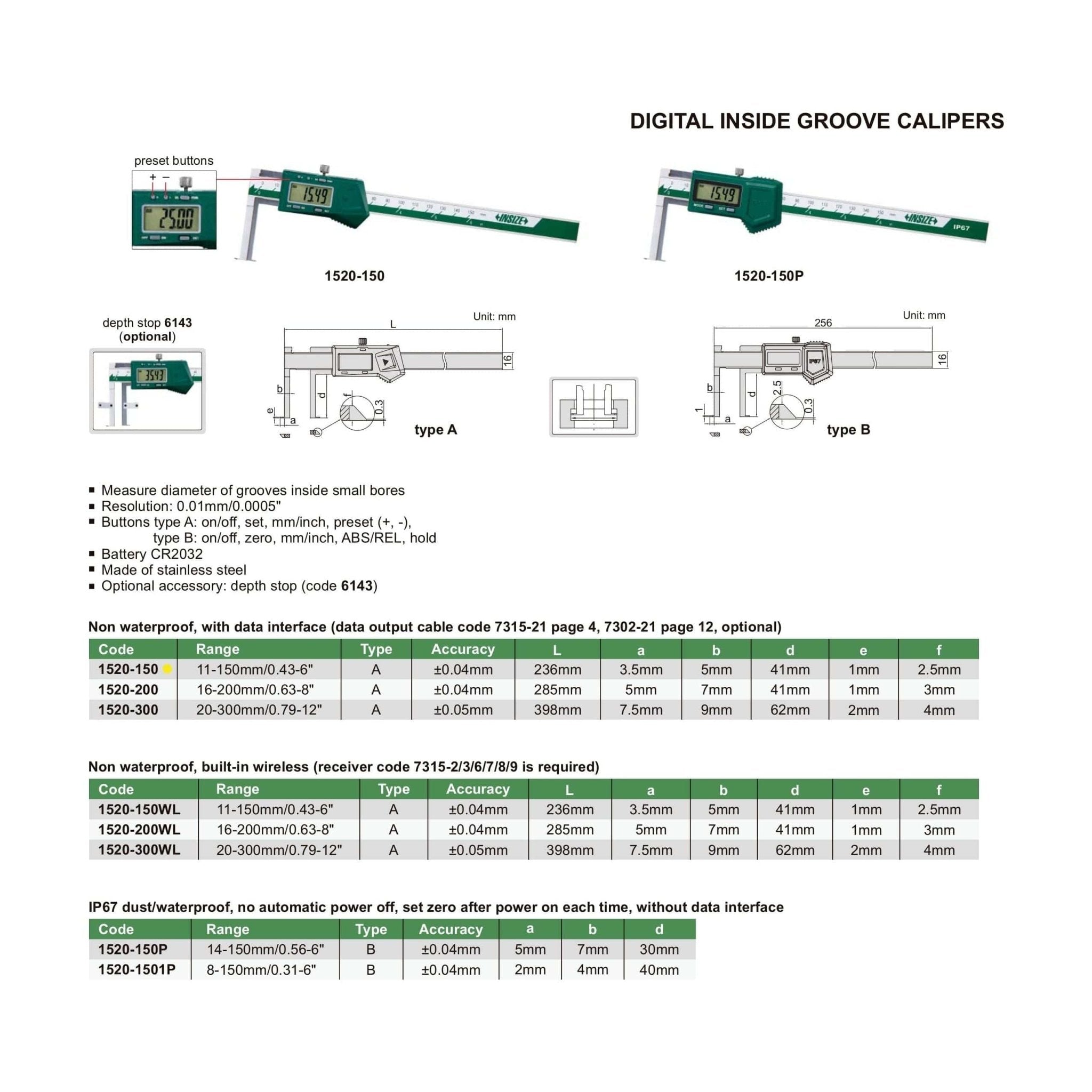Insize Digital Inside Groove Caliper 11-150mm x 0.01mm Range Series 1520-150 - Twin Eagle Imports